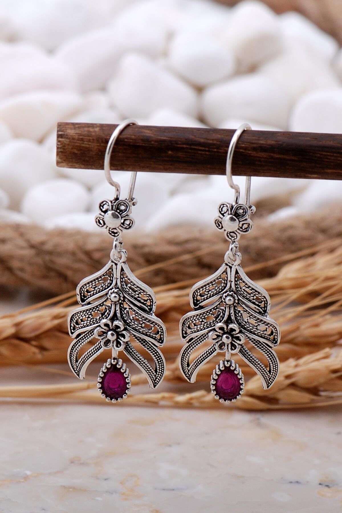 Başak Kök Yakut Taşlı Telkari Elişi Gümüş Küpe 5771