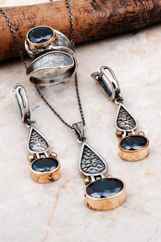 Mistik Topaz Taşlı Tasarım Elişi Gümüş Set 2286