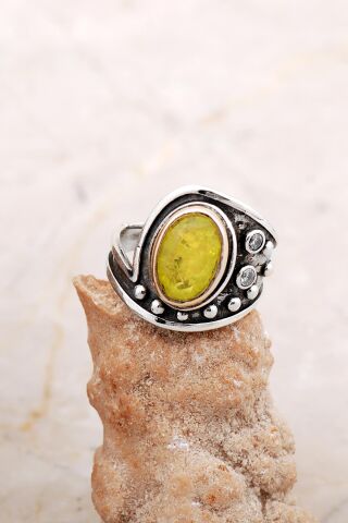 Paraiba Taşlı Çekiç Dövme Elişi Tasarım Gümüş Yüzük 5841