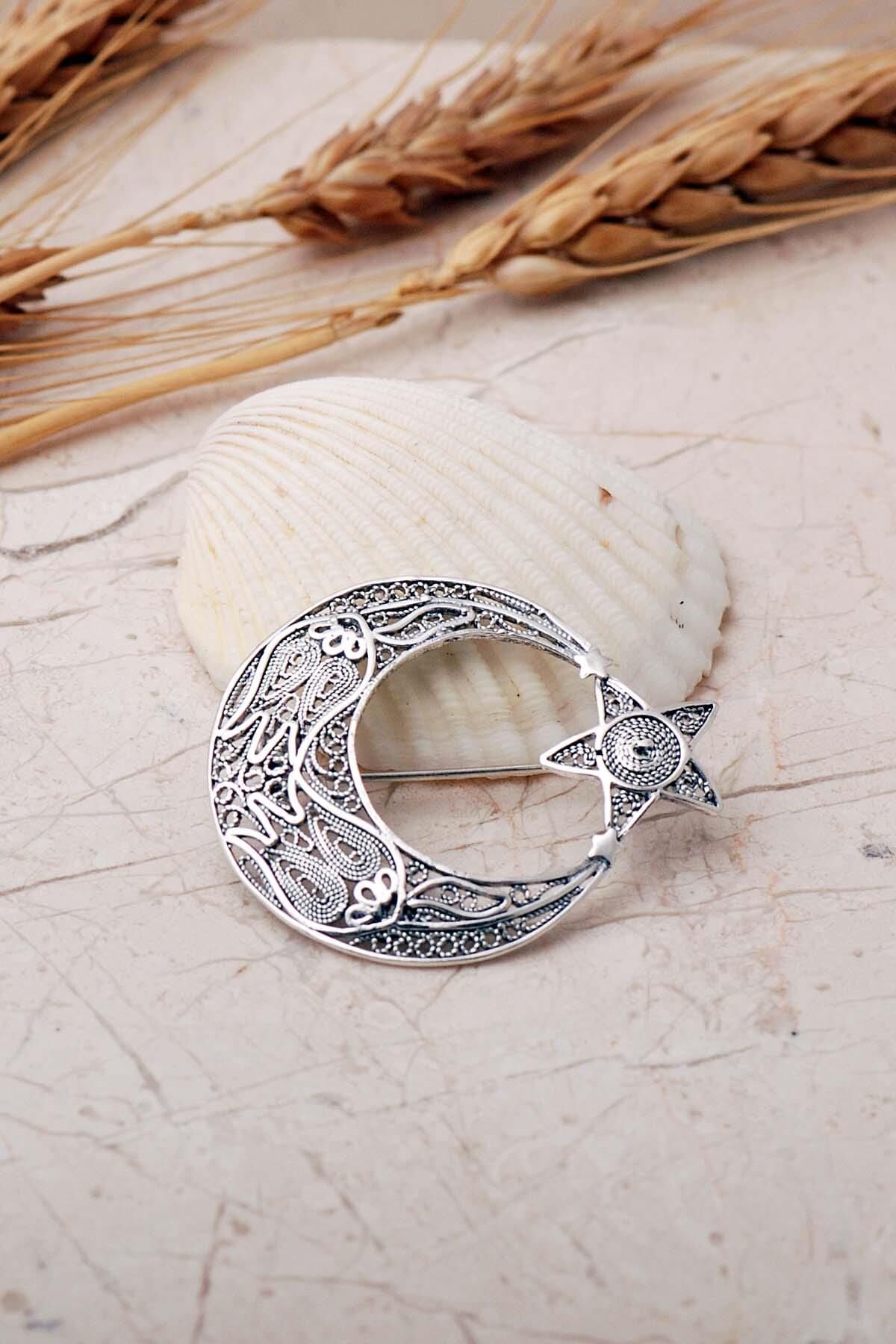 Ay Yıldız Telkari İşlemeli Elişi 925 Ayar Gümüş Broş 361