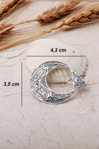 Ay Yıldız Telkari İşlemeli Elişi 925 Ayar Gümüş Broş 361