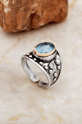 Mavi Paraiba Taşlı Çekiç Dövme Elişi Tasarım Gümüş Yüzük 5842