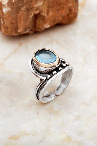 Mavi Paraiba Taşlı Çekiç Dövme Elişi Tasarım Gümüş Yüzük 5842