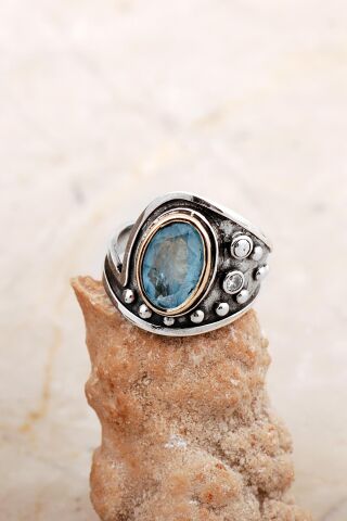 Mavi Paraiba Taşlı Çekiç Dövme Elişi Tasarım Gümüş Yüzük 5842