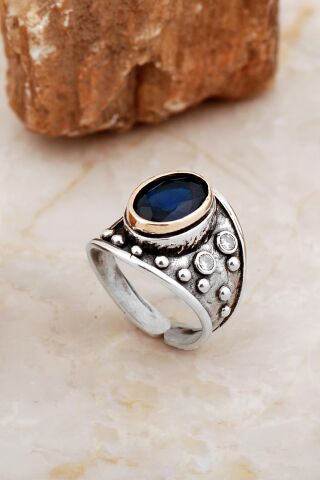 Safir Taşlı Çekiç Dövme Elişi Tasarım Gümüş Yüzük 5843