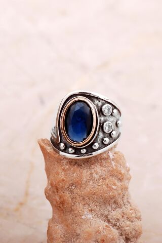 Safir Taşlı Çekiç Dövme Elişi Tasarım Gümüş Yüzük 5843