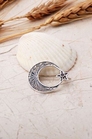 Ay Yıldız Telkari İşlemeli Elişi Lal Taşlı 925 Ayar Gümüş Broş 363