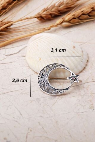 Ay Yıldız Telkari İşlemeli Elişi Lal Taşlı 925 Ayar Gümüş Broş 363