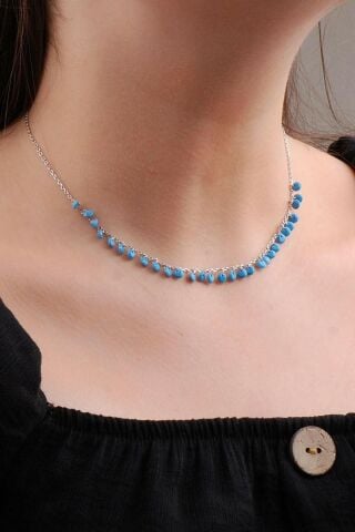 Turkuaz Taşlı Rodyumlu Gümüş Choker Kolye 7248