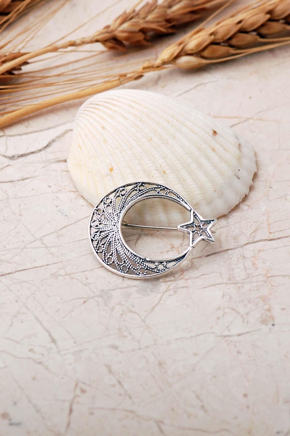 Ay Yıldız Telkari İşlemeli Elişi 925 Ayar Gümüş Broş 364