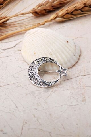 Ay Yıldız Telkari İşlemeli Elişi 925 Ayar Gümüş Broş 364