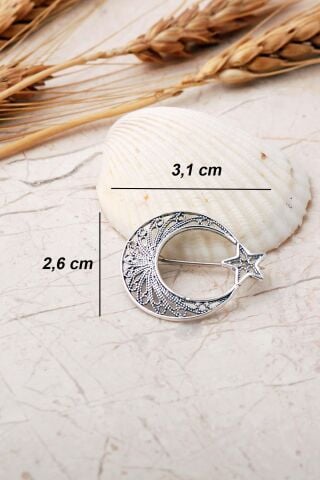 Ay Yıldız Telkari İşlemeli Elişi 925 Ayar Gümüş Broş 364