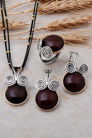 Akik Taşlı El Yapımı Tasarım Gümüş Set 1738