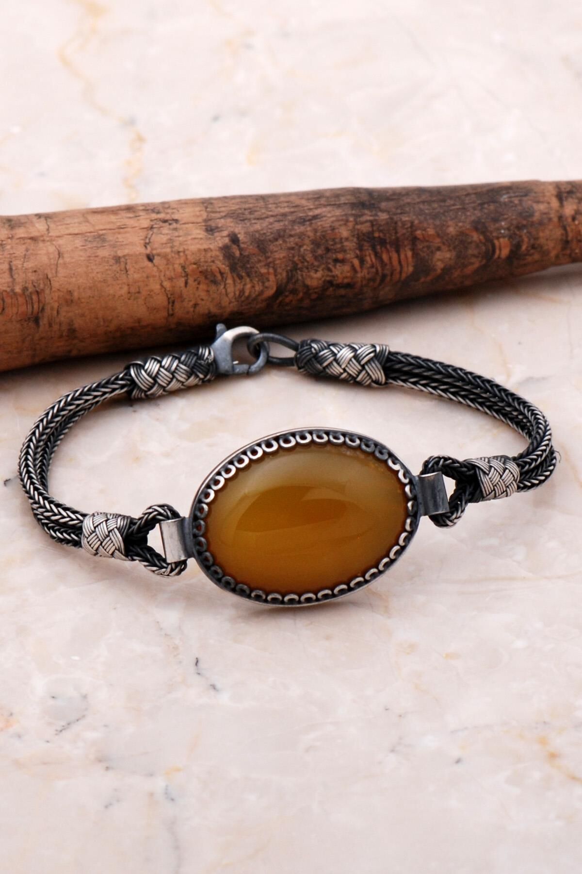 Sarı Akik Kazaziye İşlemeli Elişi Gümüş Bileklik 3553