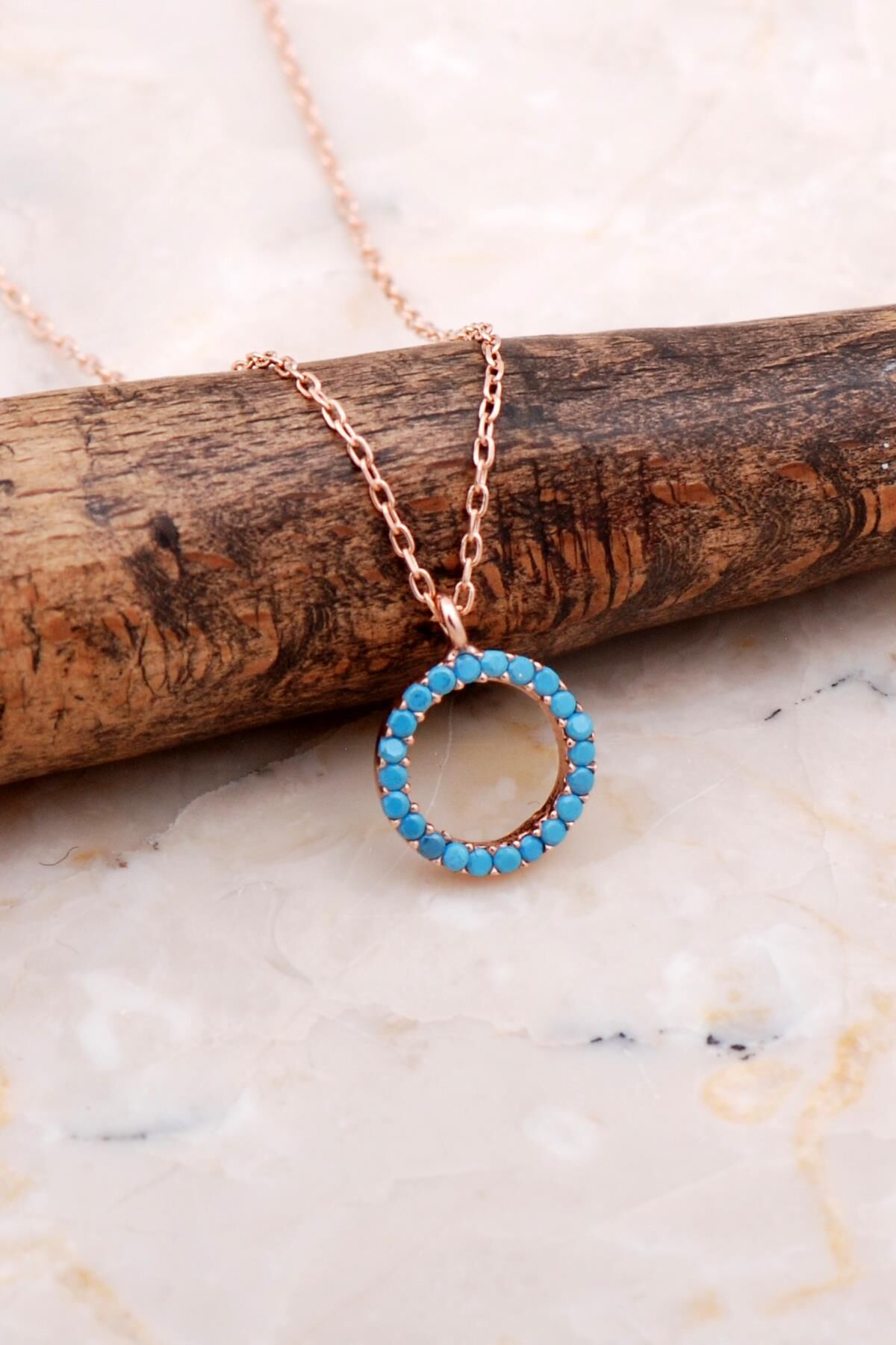 Halka Turkuaz Taşlı Rose Gümüş Kolye 7842