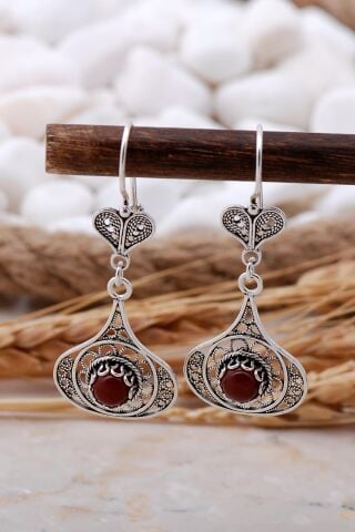 Akik Taşlı Telkari Elişi Gümüş Küpe 5774