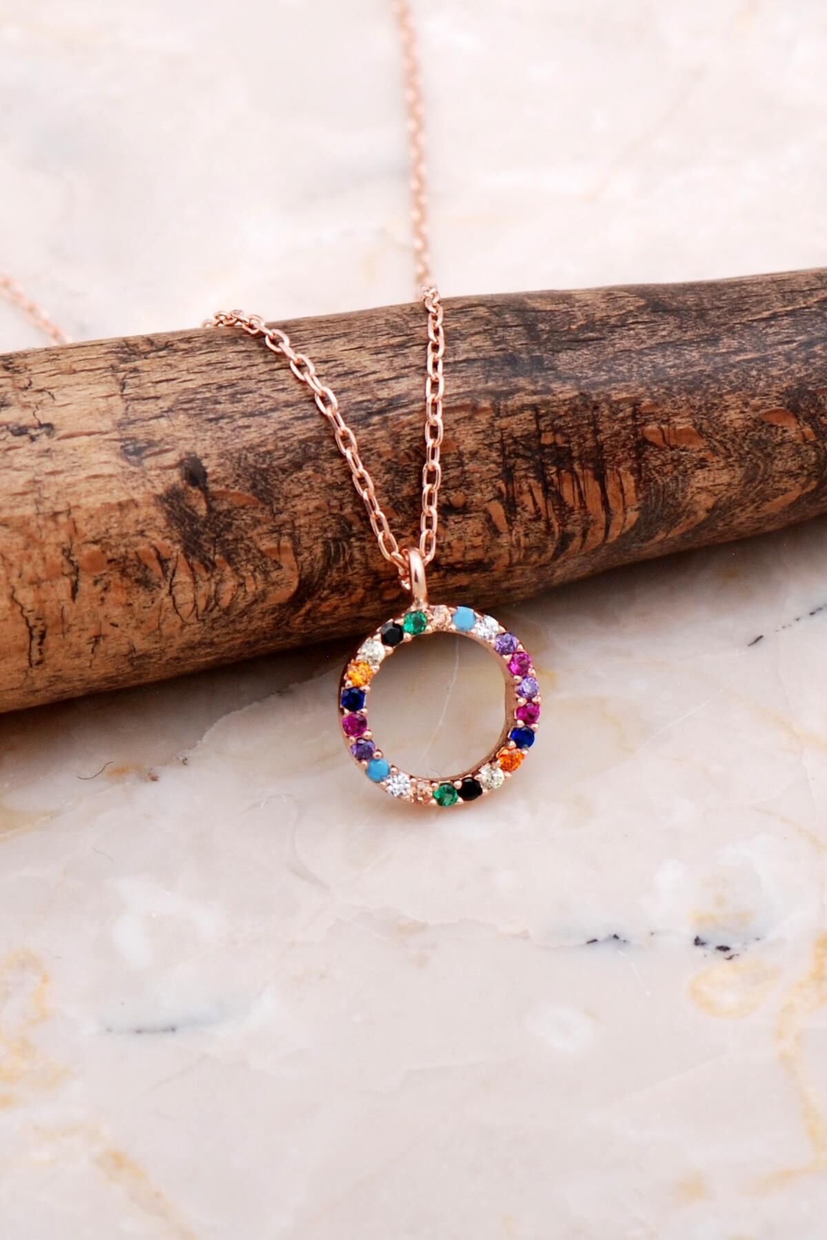 Halka Mix Renkli Taşlı Rose Gümüş Kolye 7843