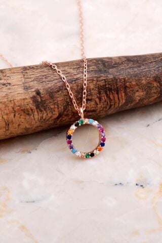 Halka Mix Renkli Taşlı Rose Gümüş Kolye 7843