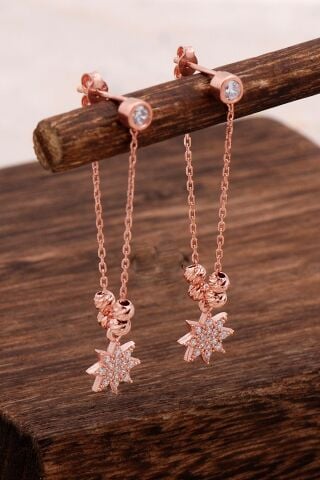 Rose Gümüş Yıldız Zincir Küpe 4708