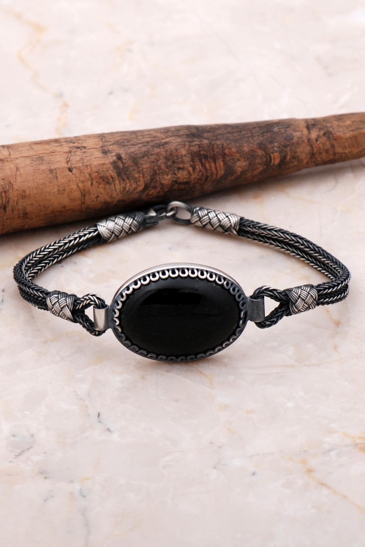 Yıldız Taşı Kazaziye İşlemeli Örgü Gümüş Bileklik 3555