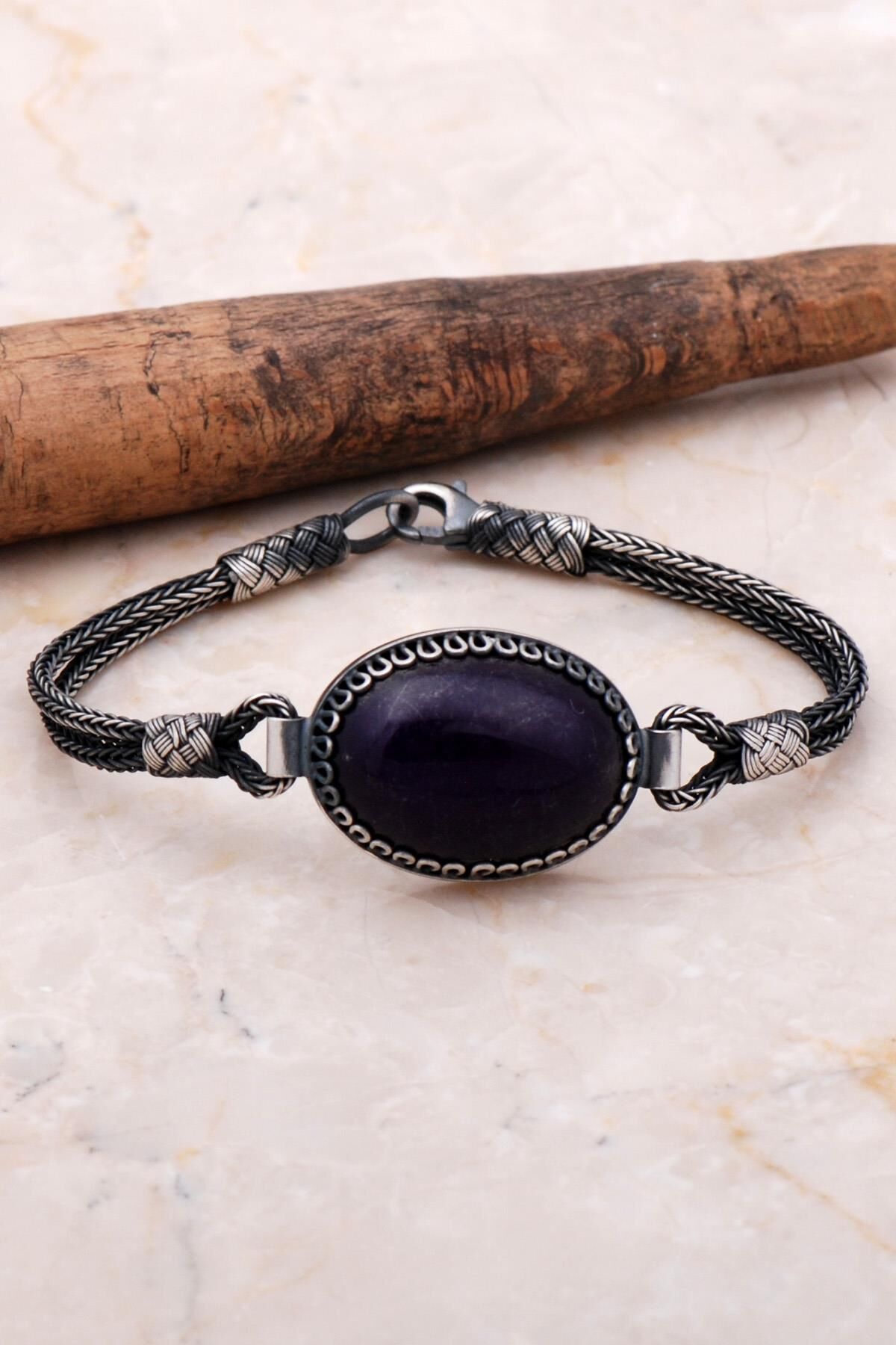 Ametist Kazaziye İşlemeli Örgü Gümüş Bileklik 3556