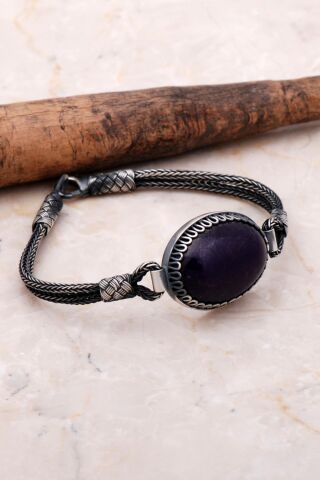 Ametist Kazaziye İşlemeli Örgü Gümüş Bileklik 3556