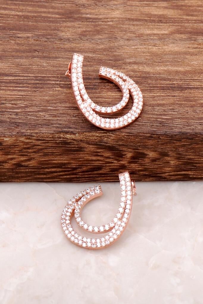 Zirkon Taşlı Tasarım Ros Gümüş Küpe 1952