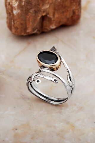 Oniks Taşlı Sarmaşık Tasarım Gümüş Yüzük 5854