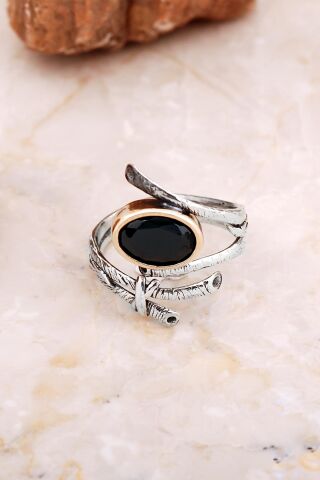 Oniks Taşlı Sarmaşık Tasarım Gümüş Yüzük 5854