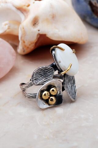 Dövme Elişi Tasarım Sedef Taşlı Gümüş Yüzük 3150