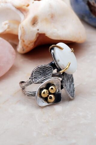 Dövme Elişi Tasarım Sedef Taşlı Gümüş Yüzük 3150