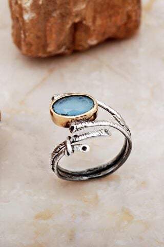 Mavi Paraiba Taşlı Sarmaşık Tasarım Gümüş Yüzük 5857