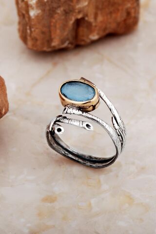 Mavi Paraiba Taşlı Sarmaşık Tasarım Gümüş Yüzük 5857