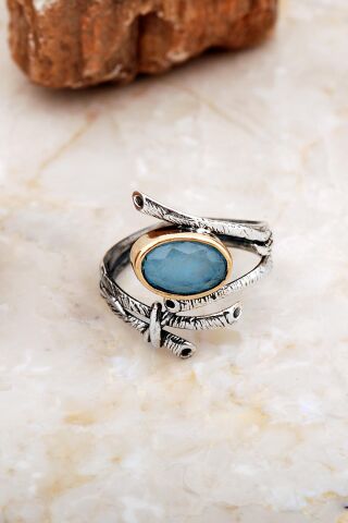 Mavi Paraiba Taşlı Sarmaşık Tasarım Gümüş Yüzük 5857