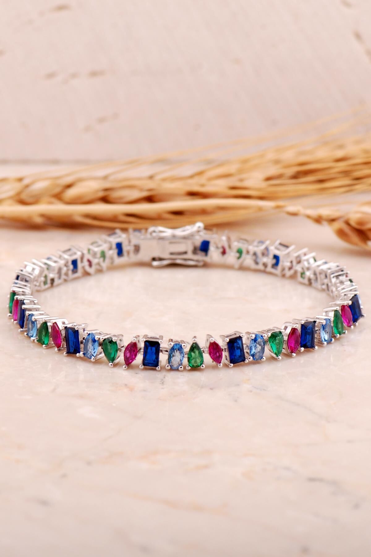 Renkli Taşlı Rodyumlu Gümüş Bileklik 4479