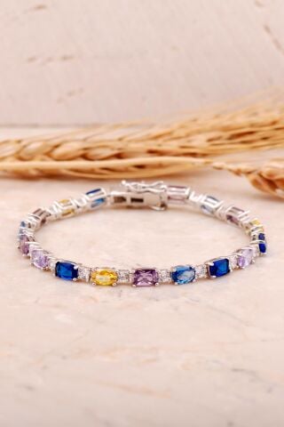Renkli Taşlı Rodyumlu Gümüş Bileklik 4480