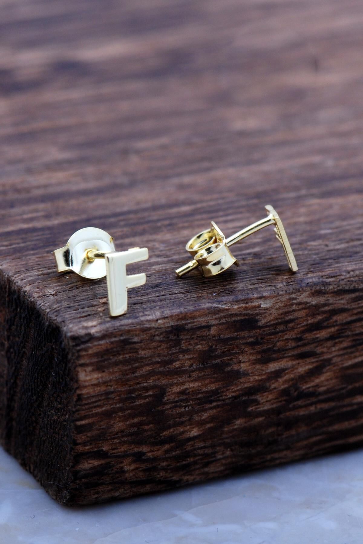 F Harfi Altın Kaplama Gümüş Küpe 5959