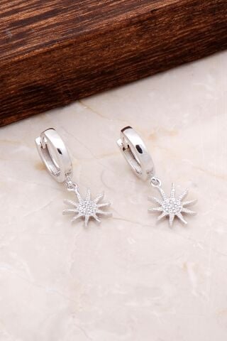 Güneş Tasarımlı Sallantılı Gümüş Halka Küpe 4930