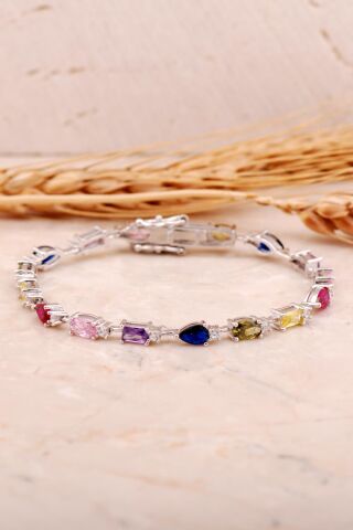 Renkli Taşlı Rodyumlu Gümüş Bileklik 4481