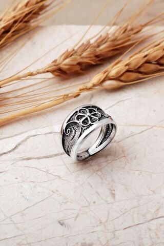 Telkari İşlemeli Elişi Ayarlanabilir Eskitme 925 Ayar Gümüş Yüzük 5996