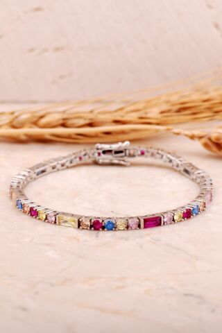Baget Su Yolu Renkli Taşlı Rodyumlu Gümüş Bileklik 4482