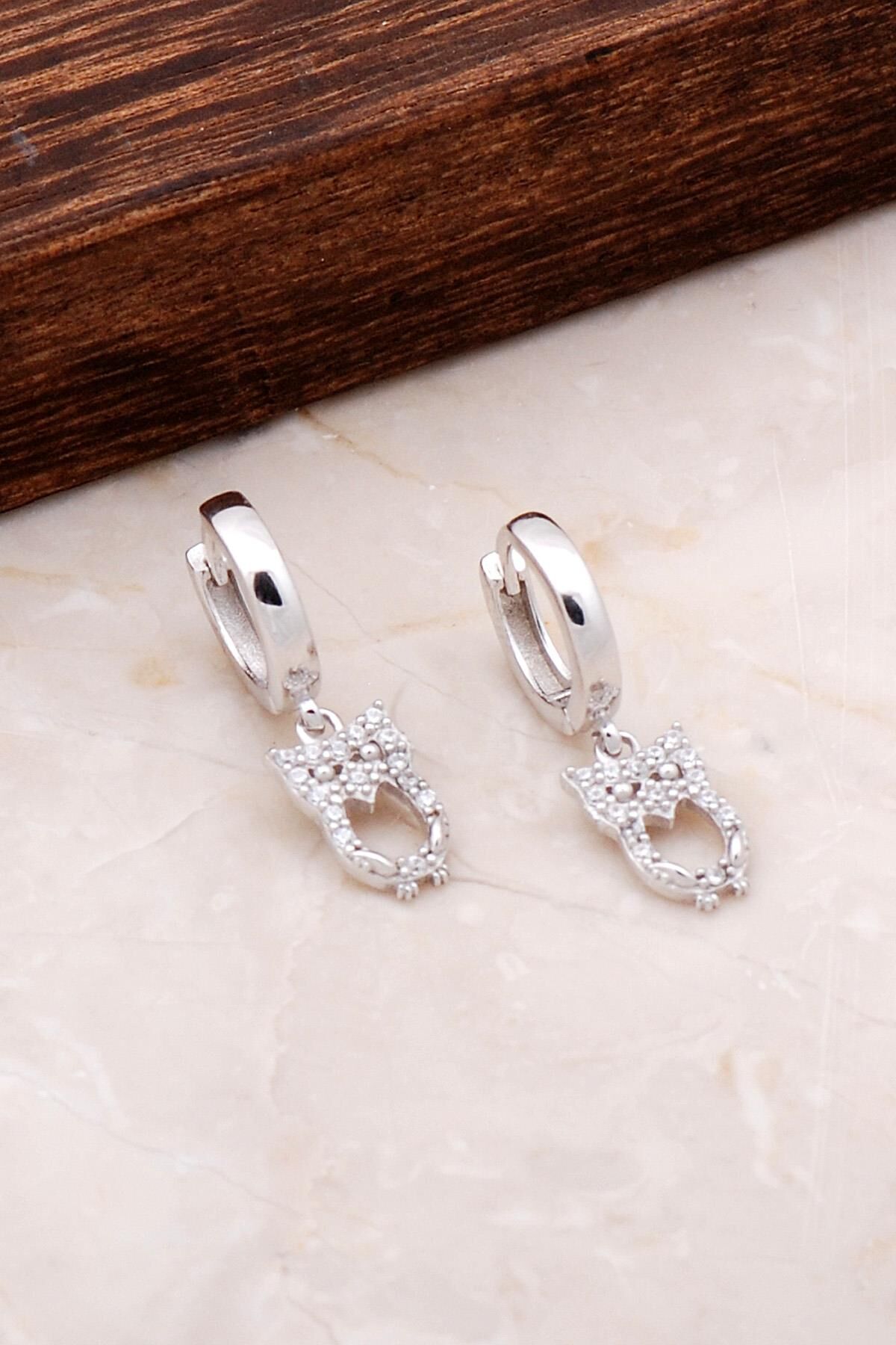 Baykuş Tasarımlı Sallantılı Gümüş Halka Küpe 4931