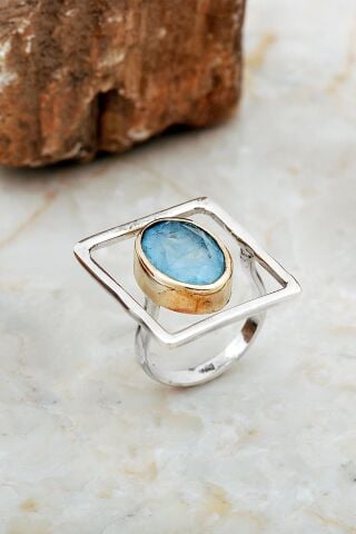 Mavi Paraiba Taşlı Tasarım Kare Gümüş Yüzük 5858