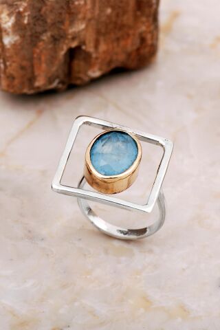 Mavi Paraiba Taşlı Tasarım Kare Gümüş Yüzük 5858