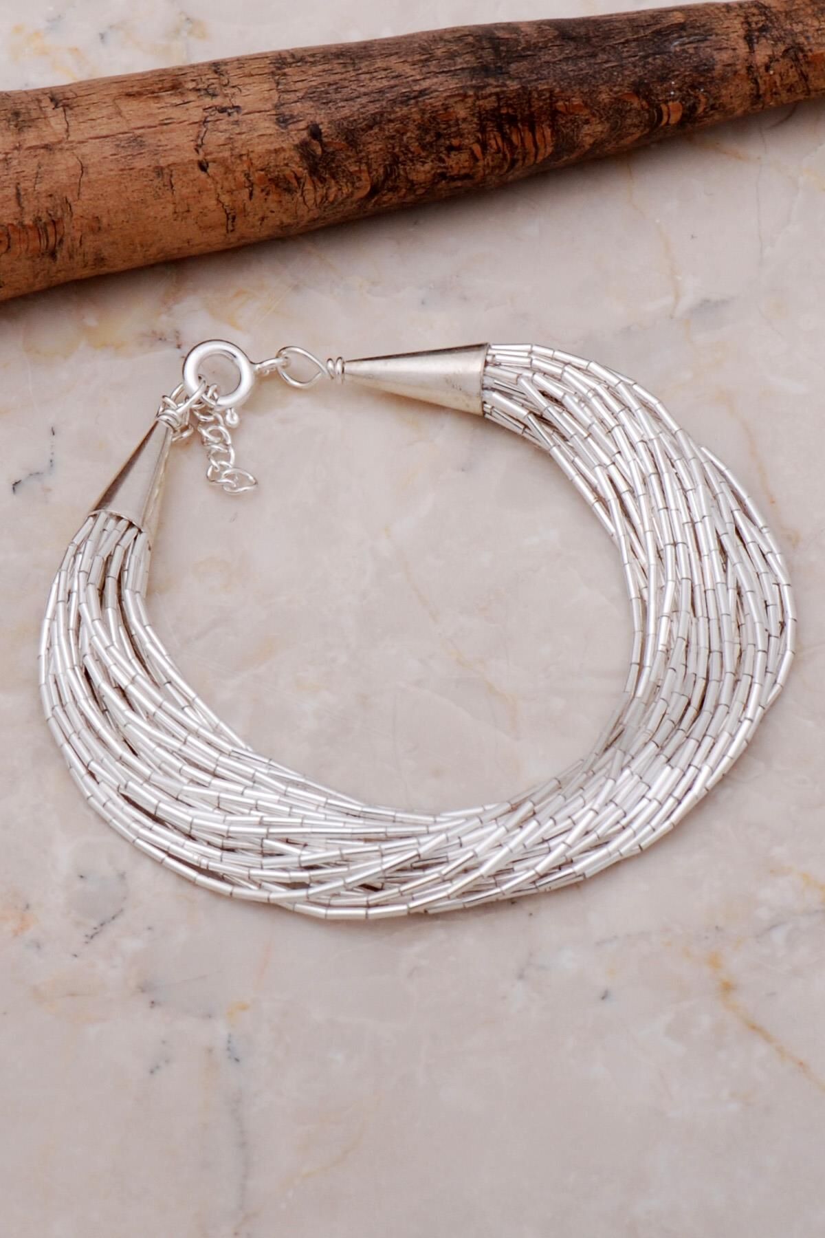 İtalyan Gümüş Kesme Çubuklu 30 Sıralı Bileklik 3561