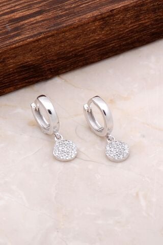 Pullu Taşlı Sallantılı Gümüş Halka Küpe 4932