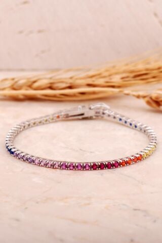 Su Yolu 3 Mm Renkli Taşlı Rodyumlu Gümüş Bileklik 4483