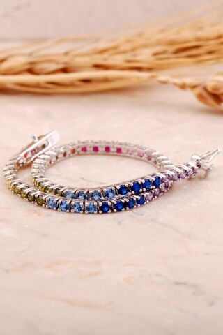 Su Yolu 3 Mm Renkli Taşlı Rodyumlu Gümüş Bileklik 4483