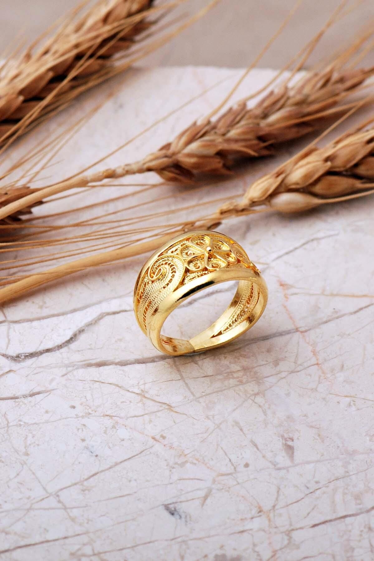 Telkari İşlemeli Elişi Ayarlanabilir Altın Kaplama 925 Ayar Gümüş Yüzük 5998