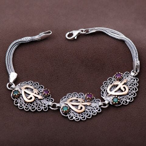 Telkari İşlemeli Kök Zümrüt Ve Yakut Taşlı Elif Vav Harfli Bileklik 1812